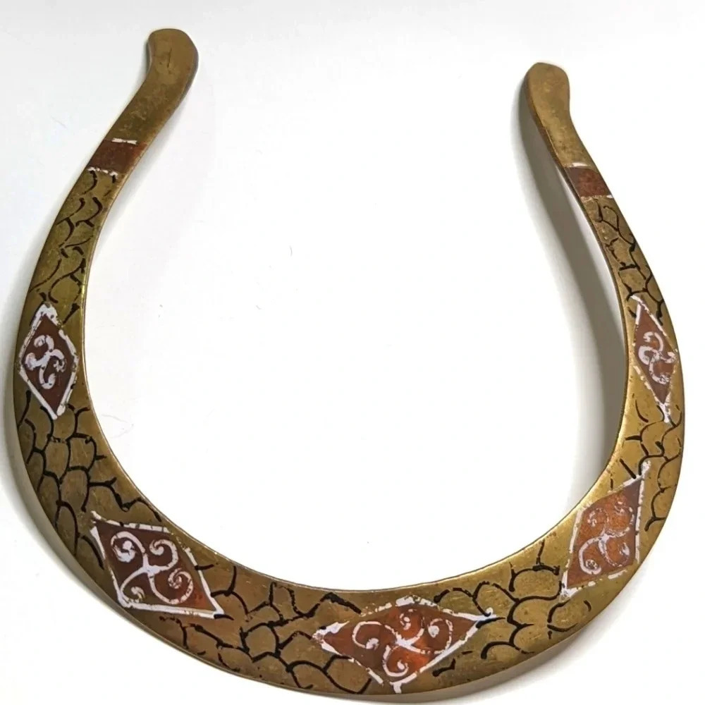 Brass Collar Choker-Scales Pattern-Chunky Tribal Ethnic Necklace Hand Painted